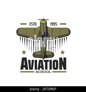 Emblème rétro de l'école d'aviation. Icône du centre d'entraînement des pilotes de l'armée, symbole vecteur de l'académie de vol avec bombardier militaire d'époque, ancien avion de combat de l'armée Illustration de Vecteur