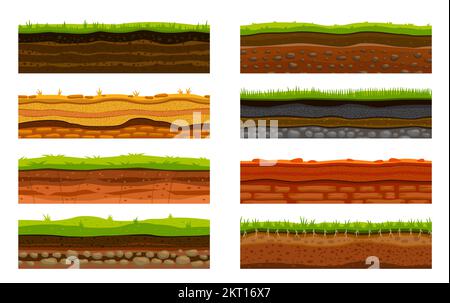 Couches de sol, paysage de surface de niveau de bande dessinée, actif de jeu vectoriel. Niveau de jeu de dessin animé et plate-forme de sol et couches souterraines, collines d'herbe, sable du désert et surfaces de pierre Illustration de Vecteur