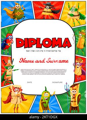 Diplôme pour enfants avec bandes dessinées rétro. Personnages super-héros de la gastronomie mexicaine. Certificat vectoriel tex mex super héros avocat, nachos, burrito et tamales. Piment jalapeno, tequila, enchiladas Illustration de Vecteur