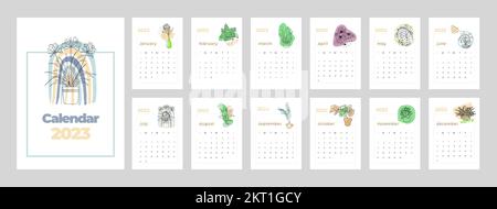 Calendrier floral de boho pour 2023 ans. Ensemble de pages de calendrier mensuel. À partir du dimanche Illustration de Vecteur