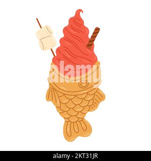 Boulangerie japonaise crème glacée taiyaki. Gâteau en forme de poisson avec glace à la fraise. Cuisine de rue japonaise. Vecteur de dessin animé. Illustration de Vecteur