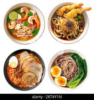 Collection de bols à nouilles ramen japonais, vue du dessus cuisine asiatique isolée Banque D'Images