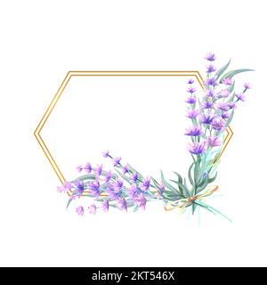 Fleurs de lavande dans un cadre en or polygonal. Illustration aquarelle dessinée à la main. Pour les invitations, les cartes de vœux, les imprimés, les affiches, la publicité. Banque D'Images