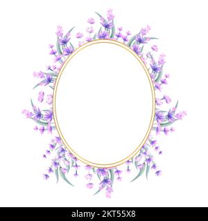 Fleurs de lavande dans un cadre ovale doré. Illustration aquarelle dessinée à la main. Pour les invitations, les cartes de vœux, les imprimés, les affiches, la publicité. Banque D'Images