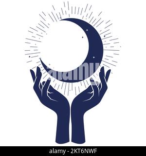 Les mains de femme soutenant le croissant, la prédiction, la magie et la sorcellerie de lune, vecteur Illustration de Vecteur