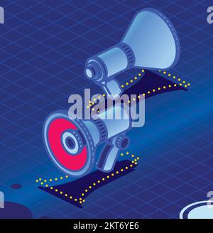 Icônes de mégaphone ou de haut-parleur à pavillon. Concept isométrique. Illustration vectorielle. Objets pour infographies sur fond bleu. Deux mégaphones. Illustration de Vecteur