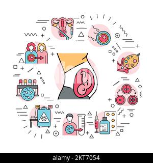 Bannière web de fertilisation. Traitement de l'infertilité. Infographies avec icônes linéaires sur fond blanc. Illustration de Vecteur