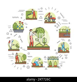 Bannière Web de jardinage. Infographies avec icônes linéaires sur fond blanc. Concept d'idée créative. Illustration de Vecteur