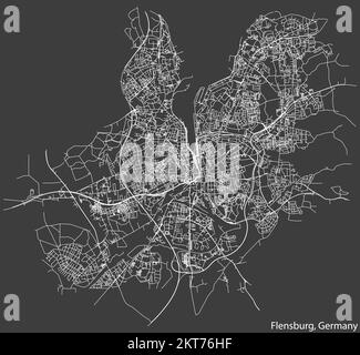 Navigation négative détaillée lignes blanches rues urbaines carte de la ville allemande de FLENSBURG, ALLEMAGNE sur fond gris foncé Illustration de Vecteur