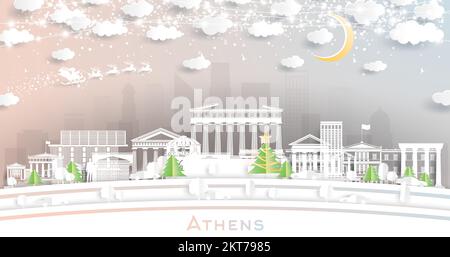 Athènes Grèce. Winter City Skyline en papier coupé avec flocons de neige, lune et guirlande de Neon. Concept Noël et nouvel an. Le Père Noël en traîneau. Illustration de Vecteur