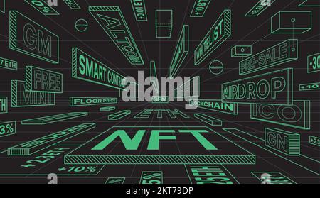 Bannière pour l'industrie NFT. Concept One point perspective avec termes de Web3. Jeton non fongible et technologie blockchain. Crypto-monnaie. Illustration de Vecteur