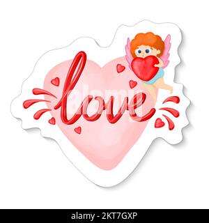 Mascotte d'Amour sur un autocollant. Ange Cupidon. Autocollant Saint-Valentin. Illustration vectorielle Illustration de Vecteur