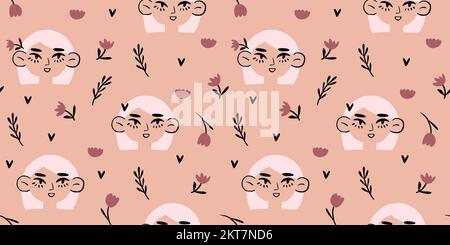 Motif vectoriel sans couture avec portraits romantiques de filles avec fleurs et coeurs minimalistes simples sur fond beige. Motif Saint-Valentin. Illustration vectorielle Illustration de Vecteur