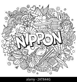 Japon Nippon dessin à la main dessin dessin dessin dessin dessin dessin dessin dessin dessin dessin dessin dessin dessin dessin dessin dessin animé Design de voyage amusant. Illustration de Vecteur