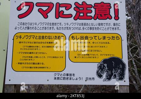 Parc national de Nikko, 18 novembre 2017: Signe d'avertissement de la présence d'ours noirs japonais Ursus thibetanus japonicus. Parc national de Nikko. Japon. Banque D'Images