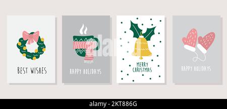 Ensemble de cartes de Noël à motif vectoriel dessinées à la main avec de jolies illustrations. Ensemble de dessin minimaliste scandinave. Illustration de Vecteur