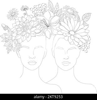 Deux femmes avec des fleurs sur leur tête. Une femme à visage floral. Illustration de Vecteur