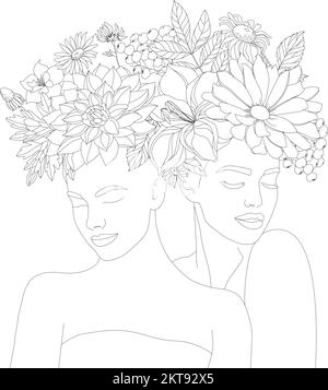 Deux femmes avec des fleurs sur leur tête. Une femme à visage floral. Illustration de Vecteur