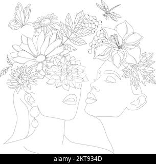 Deux femmes avec des fleurs sur leur tête. Une femme à visage floral. Illustration de Vecteur