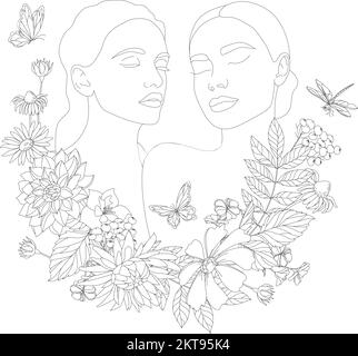 Deux visages féminins dans le style d'une ligne d'art avec des fleurs et des feuilles. Illustration de Vecteur