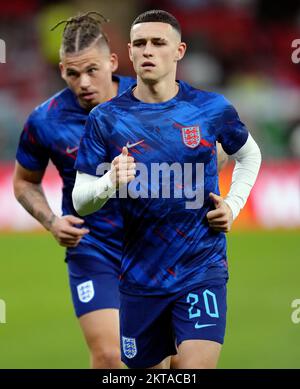 Phil Foden et Kalvin Phillips en Angleterre, avant le match de la coupe du monde de la FIFA, groupe B, au stade Ahmad Bin Ali, Al Rayyan, Qatar. Date de la photo: Mardi 29 novembre 2022. Banque D'Images