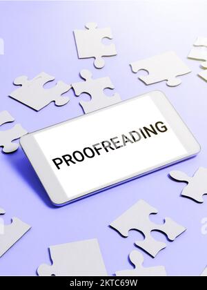 Écriture affichage de texte correction d'épreuves, concept signification acte de lecture et de marquage des fautes d'orthographe, de grammaire et de syntaxe Banque D'Images