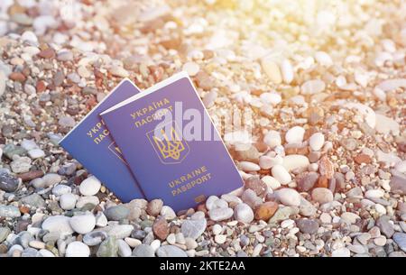 Le nouveau passeport biométrique ukrainien vous permet de voyager dans les pays européens de l'Union européenne sans visa. Document d'identité électronique gratuit Visa. Les Ukrainiens obtiennent de nouveaux passeports d'interntational Banque D'Images