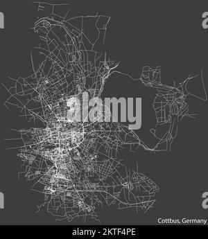 Navigation négative détaillée lignes blanches rues urbaines carte de la ville allemande de COTTBUS, ALLEMAGNE sur fond gris foncé Illustration de Vecteur