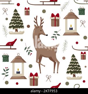 Motif de Noël avec sapin, père noël, décoration, cadeaux. Motif de Noël sans coutures idéal pour le textile, l'emballage, le papier peint et le design. Illustration de Vecteur
