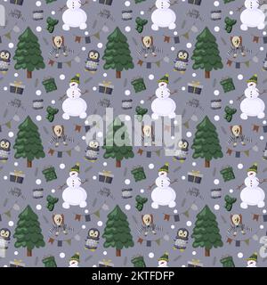 Motif de Noël avec sapin, père noël, décoration, cadeaux. Motif de Noël sans coutures idéal pour le textile, l'emballage, le papier peint et le design. Illustration de Vecteur