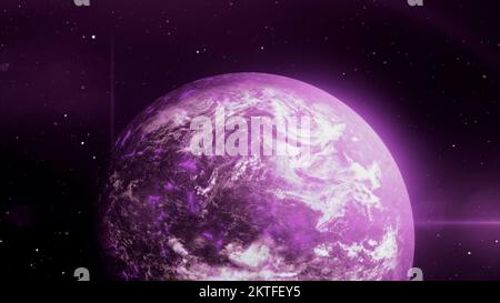 Une planète lumineuse dans l'espace. Mouvement. La planète 3D tourne dans l'espace avec un rayonnement de couleur. Planète aux couleurs vives sur fond de cosme étoilé Banque D'Images