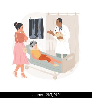 Illustration d'un vecteur de dessin animé isolé de fracture osseuse. Médecin effectuant une radiographie pour un enfant, fracture osseuse de la jambe, premiers soins, blessure de l'enfant, santé familiale, dessin animé vecteur de symptômes et de traitement. Illustration de Vecteur