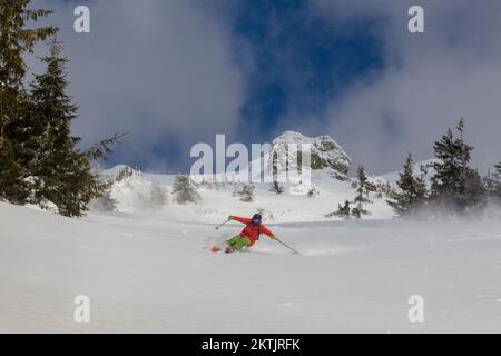 Ski alpin pendant une journée ensoleillée dans les hautes montagnes, une aventure d'adrénaline en plein air Banque D'Images