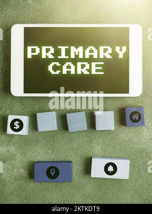 Affiche indiquant soins primaires, mot écrit sur les soins de santé fournis par un médecin, un pédiatre ou une infirmière Banque D'Images