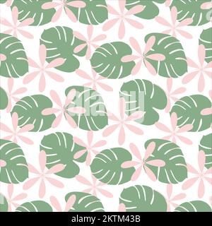 Motif brillant sans couture dans des tons pâles tendance avec des éléments dessinés à la main tels que les feuilles et les fleurs de Monstera. Imprimé tendance. Modèle pour affiche, carte postale, carte de vœux, étiquette de prix, bannière. Isoler Illustration de Vecteur