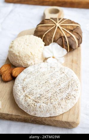 Dégustation de France, petit fromage rond Tome de Provence, petit fromage de chèvre mûr et fromage de montagne banon enveloppé de feuilles de châtaignier, Alpes-de-haute- Banque D'Images