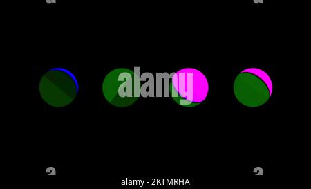 Résumé quatre cercles de même taille sur une ligne clignotant et changeant de couleur. Mouvement. Petites figures circulaires lumineuses sur fond noir Banque D'Images