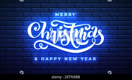 Joyeux Noël bonne année lettrage main signe néon. Nuit lumineuse fluorescent espace bleu lumineux panneau bannière. Affiche tendance Noël lumineuse. Lumières fluo givrée sur fond de mur en brique noire Illustration de Vecteur