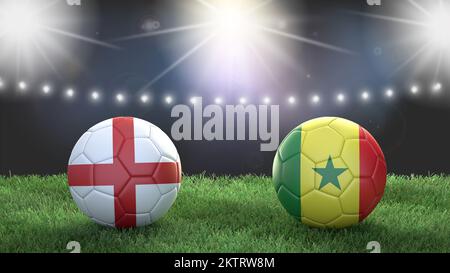 Deux ballons de football aux couleurs des drapeaux sur un fond flou et lumineux. L'Angleterre contre le Sénégal. 3d image Banque D'Images