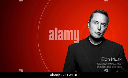 Arrière-plan rouge. Motion.Un portrait vivant d'Elon Musk avec sa position dans l'animation. 4K images de haute qualité Banque D'Images