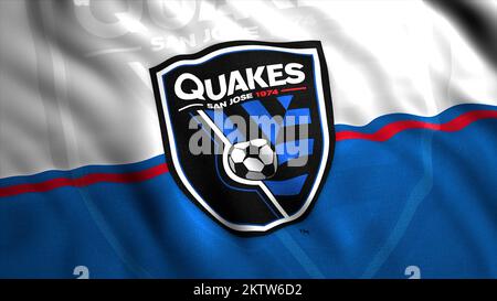 L'équipe américaine de football américain séismes de San Jose. Mouvement. Drapeau avec logo d'une équipe de football. Pour usage éditorial uniquement Banque D'Images