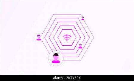 L'icône Wi-Fi vibre et propage le signal entre les silhouettes. Mouvement. Concept des technologies modernes et de l'Internet Banque D'Images