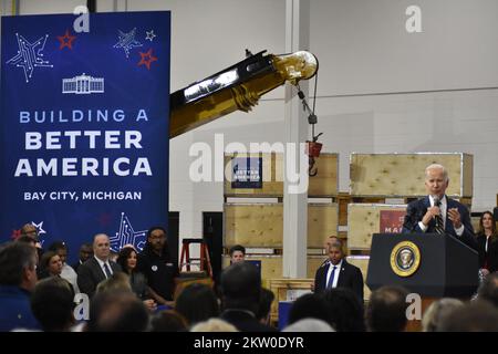 Bay City, États-Unis. 29th novembre 2022. Le président des États-Unis, Joe Biden, prononce une allocution à Bay City, au Michigan, aux États-Unis, sur le 29 novembre 2022. (Photo de Kyle Mazza/Sipa USA) crédit: SIPA USA/Alay Live News Banque D'Images