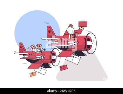 elfes avec avion volant du père noël avec cadeaux joyeux noël bonne année fêtes d'hiver Illustration de Vecteur