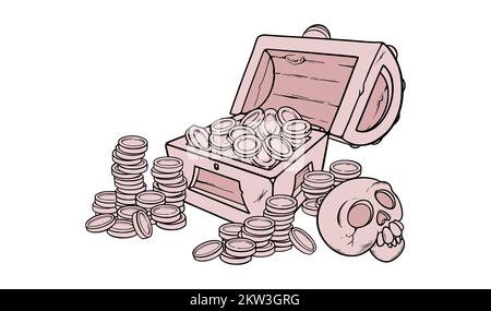 Ouvrez la poitrine du Trésor avec des pièces de monnaie dorées et un crâne. Coffre en bois avec de l'argent pour les jeux. Illustration vectorielle isolée sur fond blanc Illustration de Vecteur