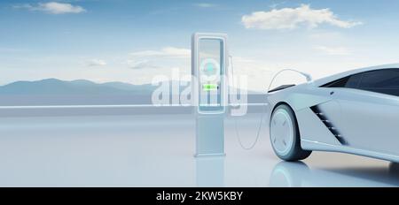 Recharge de voiture EV avec station de charge à écran d'information de commande de l'interface utilisateur moderne. Avenir de la mobilité et concept d'éco-énergie renouvelable. 3d ren Banque D'Images