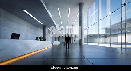 Un homme d'affaires marche à la réception du bâtiment d'affaires. 3d rendu réaliste Banque D'Images