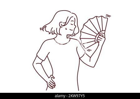 La jeune femme souffre d'une vague de temps chaud avec un ventilateur à main. Les femmes en difficulté luttent contre la chaleur utilisent un onduleur pour l'air frais. Illustration vectorielle. Illustration de Vecteur