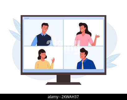 Réunion virtuelle en ligne avec des collègues ou des amis. Visioconférence de groupe, concept de travail à distance. Personnes sur l'écran de l'ordinateur. Illustration vectorielle à plat Illustration de Vecteur