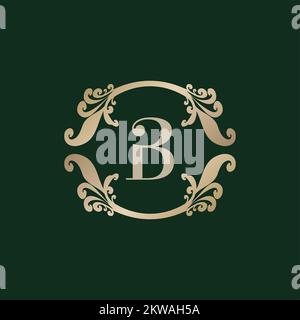 Lettre B logo alphabétique avec cadre doré décoratif de luxe. Décoration élégante à motif fleuri curl. Illustration de Vecteur